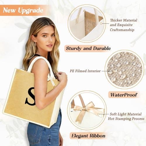 DCLOVERY Initial Canvas Tote Bag & Makeup Bag for Women Teacher Bridesmaids，Personalized Present for Wedding, Birthday, Beach (J, White) - Thumbnail 4