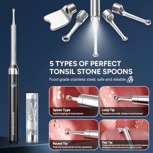 Tonsil Stone Remover with Camera - Upgraded Visual Tonsil Stone Removal Kit with 6 LED Light -Tonsil Stone Remover Tool with 1080P Camera, 5 Stainless Steel Heads, Irrigator,for iOS & Android (Black) - Thumbnail 4