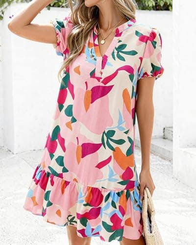 dowerme Womens Summer Dresses 2026 Puffy Sleeve V Neck Loose Floral Print A Line Boho Mini Babydoll Dress with Pockets(Apricot Rose Red Flower,XX-Large) - Thumbnail 4