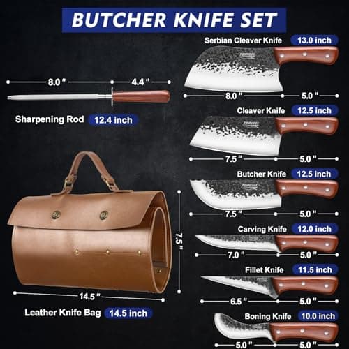 Topfeel 8PCS Chef Butcher Fish Knife Set for Meat Cutting with Roll Bag, Hand Forged Meat Cleaver Knife Boning Carving Knife Set for Home、Camping、BBQ - Thumbnail 2