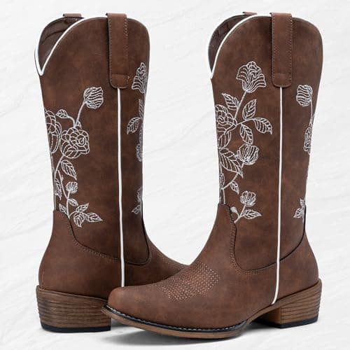 Jeossy Women's Cognac Cowboy Mid Calf Boots, Cute Boot with Embroidery Flower, Low Heel Western Cowgirl 9807 Boot, Comfy Riding Round Toe Boots with Side Zipper, Size 7.5 US(DJY9807 Cognac 07.5) - Thumbnail 6