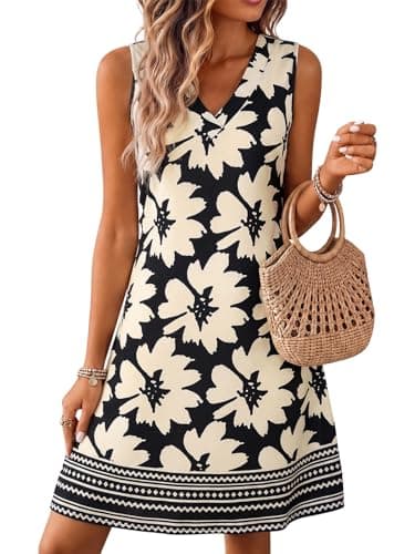 Wenrine Womens Sleeveless Mini Dress Casual Floral V Neck Summer Loose Boho Beach A Line Tank Dresses with Pockets C-Black - Image 1