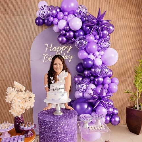 Purple Balloons Arch Kit, 140Pcs Metallic Dark Light Purple Confetti Balloons with Stars for Wedding Bridal Shower Butterfly Birthday Party Decorations - Thumbnail 2