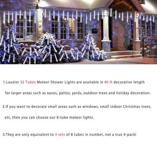 Christmas Decoration Outdoors- 32 Tubes (Equivalent to 4 Sets of 8-Tubes) Meteor Shower Rain Lights, White Falling Rain Lights for Christmas Decor Xmas Tree Halloween Yard Wedding Party, UL Plug - Thumbnail 5