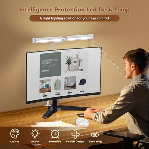 Pzloz Led Desk Lamp with Clamp: Architect Desk Lamp for Home Office, Eye Caring Double Head Computer Monitor Work Desk Light with Remote Control - 24W Flexible Dimmable Desktop Table Lamp White - Thumbnail 3