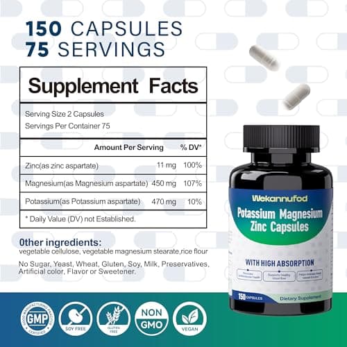 Potassium Magnesium Supplement - 150 Capsules - High Absorption Magnesium Complex - Potassium Supplement to Support Vascular Health & Leg Cramp - Thumbnail 6