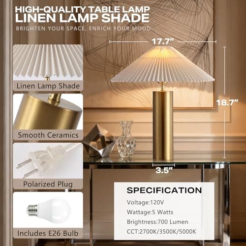YJSQOEOE Modern Table Lamp with Pleated Blade Lampshade and Cylindrical Base, E26 Bulb Compatible, Contemporary Accent Light for Living Room, Bedroom, Office (Gold) - Thumbnail 2