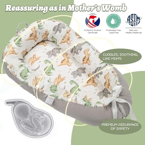 Alened Baby Lounger for Newborn 0-24 Months, Organic Cotton Infant Lounger on Floor for Supervised Tummy Time, Adjustable Portable Support Pad for New Born Awake Use Only - Dinosaur - Thumbnail 5