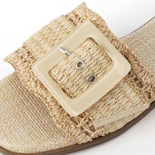 Rihero Raffia Flat Sandals for Women Dressy Slip On Beach Slides Square Toe Buckle Summer Fashion Woven Sandals Natural Size 5.5 - Thumbnail 4