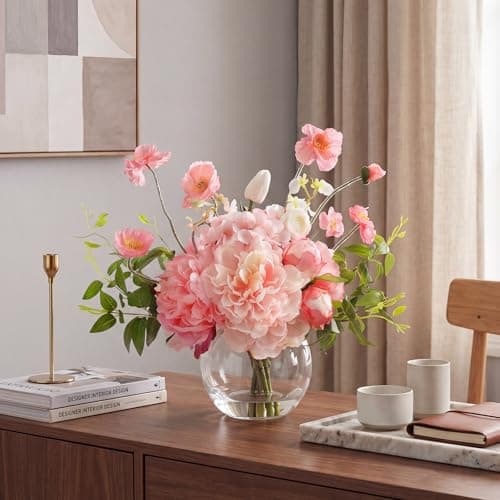AMORISE Peonies Artificial Flowers in Vase, Pink Artificial Flowers with Faux Water, Silk Peonies Flowers Arrangements Indoor Realistic Fake Flowers for Table, Wedding, Party, Home Decor - Thumbnail 6