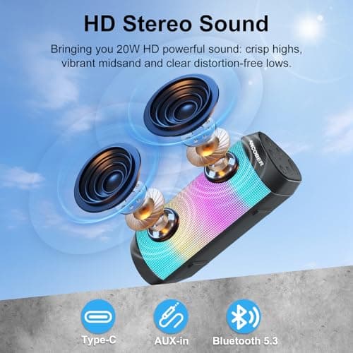 Bluetooth Speaker, 20W HD Stereo Loud Sound, Portable Wireless, RGB Light, 36H Playtime, TWS Surround Pairing, IPX4 Waterproof, BT5.3, Built-in Mic, for Outdoor, Home, Party, Camping, Electronic Gifts - Thumbnail 2