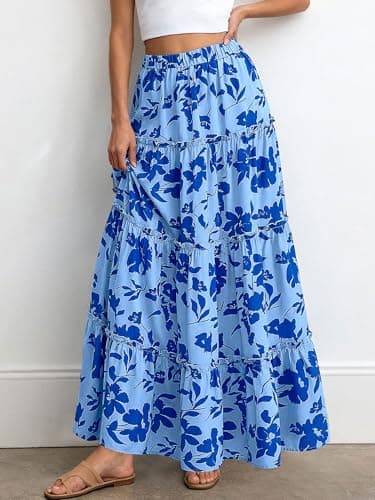BTFBM Floral Maxi Skirts for Women Summer Spring 2026 Elastic Waist Tiered Flowy Beach Vacation Boho Midi Long Skirt(Floral Blue, X-Large) - Thumbnail 4