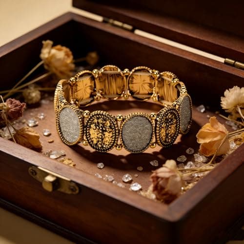 BHDJSHX Vintage Distressed Geometric Bracelet For Men Women, Metal Mplicing Modern Retro Statement Jewelry with Oval Textured Elements, Boho Chic Daily & Party Wear Accessories (Gold) - Thumbnail 3