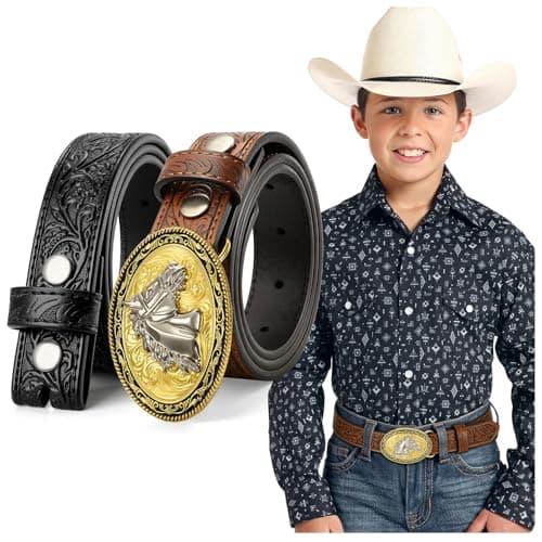 JKEEMI Kids Cowboy Cowgirl Belt, Western Genuine Embossed Leather Belt Bull Horse Eagle Buckle for Gift Daily Costumes - Image 1
