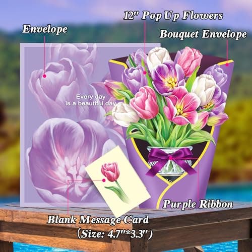 Airpark Pop Up Flower Card, 3D Paper Flowers Bouquet, Mother's Day, Birthday, Thinking of You, Thank You, Spring Greeting Cards with Note Card & Envelope, Tulip - Thumbnail 2