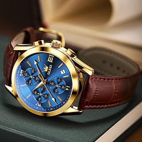 OLEVS Mens Watches Brown Leather Strap Blue Face Chronograph Wrist Luxury Casual Watches for Men Waterproof Luminous Analog Quartz Nice Men Watch Relojes para Hombres - Thumbnail 3