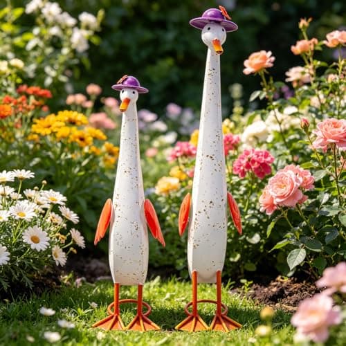 The Aura Collective 22" Duck Garden Statue Set of 2 Metal Ducks, Duck Outdoor Decor with Stakes Animal Yard Art Sculptures for Patio Porch Lawn Backyard White - Thumbnail 5