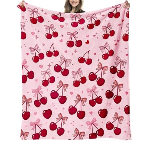Cherry Throw Blankets Gifts for Women Girls Kids, Soft Comfy Flannel Decorative Multi-Use Warm Lightweight Pink Cherry Bow Blanket for Couch Sofa Office Travel Nap Birthday 50"x60"