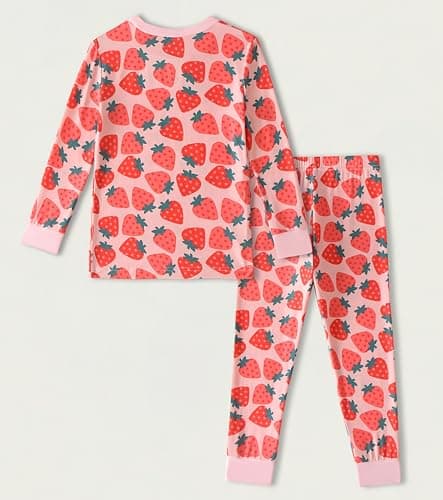 Joonberry Toddler Kids Soft Bamboo Viscose Long Sleeve Top and Pants Clothing Set–2-Piece 2-9Y Boys Girls Outfit（Strawberry, 5-6Y - Thumbnail 2