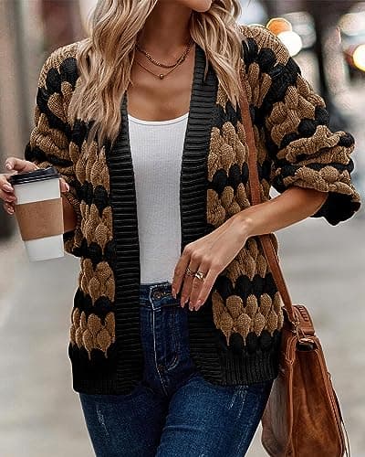 KIRUNDO Women's Cable Knit Sweater Cardigan Open Front Chunky Fall Long Sleeve Color Block Stripe Casual Soft Cardigan Sweater Fall Clothes 2026(Camel, Large) - Thumbnail 6