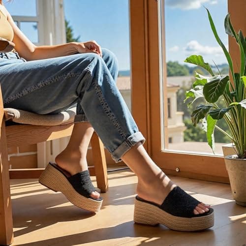 EQAUDES Summer Platform Wedge Sandals Comfortable Dressy Sandals Black Espadrille Sandals for Women Cute Beach Vacation Sandal Woven Straw Raffia Sandal - Thumbnail 3