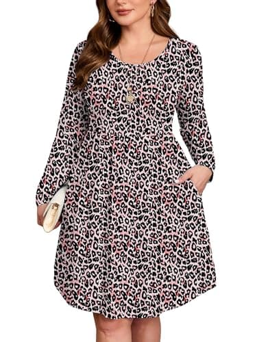 AusLook Women's Plus Size Long Sleeve Midi Dress Crewneck Casual Empire Waist Loose Flowy Dresses A-Line Boho Party 2025 Fall Winter Long Fancy Peachy Leopard 2X Dress with Pockets