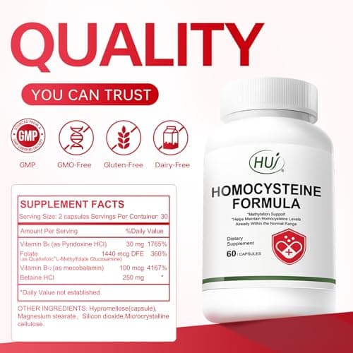 HUJ Homocysteine Formula Supplement - with B2, B12, Folate & Betaine HCl - for Homocysteine Metabolism & Methylation Support*- 60 Capsules - Thumbnail 6