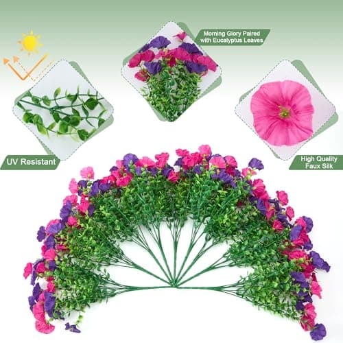 idredn Artificial Flowers for Outdoors Decoration,20 Bundles Fake Morning Glory Petunias for Outside Artificial Faux Plants for Home Porch Patio Balcony Planter Yard Garden Dark Purple Light Purple - Thumbnail 3