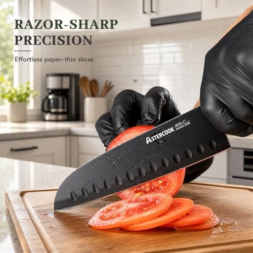 Astercook 13-Piece Kitchen Knife Set with Black Anti-Rust Coating, Dishwasher Safe, Stainless Steel Chef Knives Set with 6 Blade Guards, Wood Grain Handle, Perfect Holiday & Housewarming Gifts - Thumbnail 5