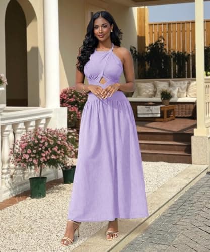 ABKY Women's Sexy Sleeveless Halter Neck Dress Criss Cross Tie Back Split Maxi Dresses Summer Beach Vacation Dress Light Purple S - Thumbnail 3