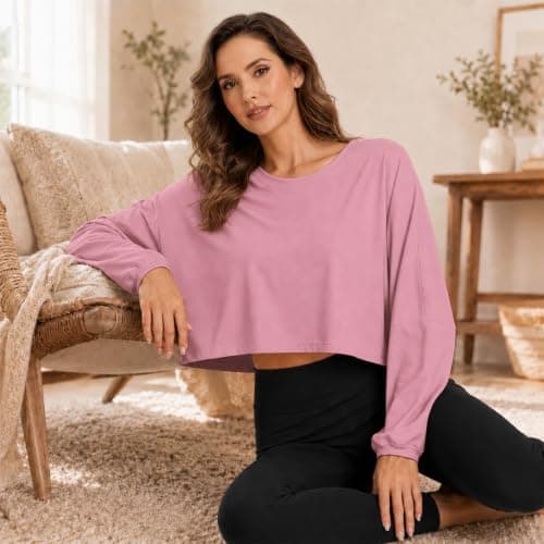 MATEAM Womens Cropped Sweatshirt Loose Fit Workout Tops - Crewneck Pullover Long Sleeve Casual Fashion Sweaters for Yoga Gym Fitness Pink XL - Thumbnail 2