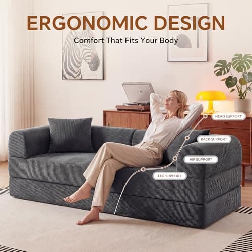 ceamorfco 74.8" Boneless Couch for Living Room, Modular Sectional Sofa Bed with High Back Support & Wide Armrests, Comfy Corduroy Floor Sofa with 2 Pillows, Gray Loveseat Sleeper for Small Spaces - Thumbnail 3