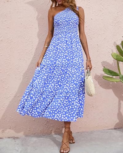 BTFBM 2025 Summer One Shoulder Dresses for Women Casual Sleeveless High Waist Floral Flowy Smocked Boho Beach Maxi Dress(Floral Blue White, Small) - Thumbnail 4
