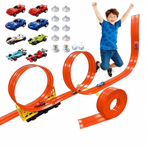 16.5 Ft Flexible Race Track for Kids - Compatible with Hot Wheels 1/64 Diecast Cars - Includes 8 Racing Cars & Super-Grip Gravity Ramp -Rollable Portable DIY Track Toy, Gift for Boys Girls 3-8, Orange - Image 1