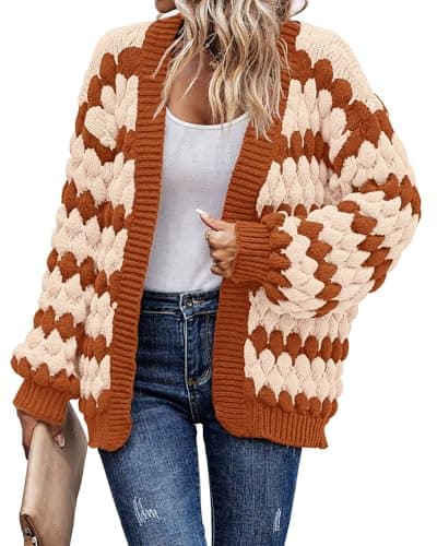 KIRUNDO Womens Sweaters Cardigan Lantern Sleeve Open Front Chunky Cardigan Loose Fashion Color Block Striped Sweater Plus Size Knitwear Halloween Cardigan(Orange, X-Large) - Image 1