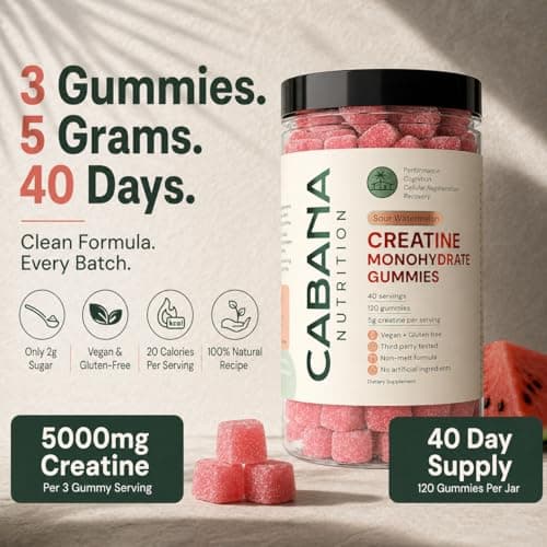 Creatine Monohydrate Gummies 5g - Only 2g Sugar, Made in USA - Sour Watermelon Flavor - Vegan & 3rd Party Tested - Pre & Post Workout Supplement for Women and Men (120 Count, 40 Servings) - Thumbnail 5