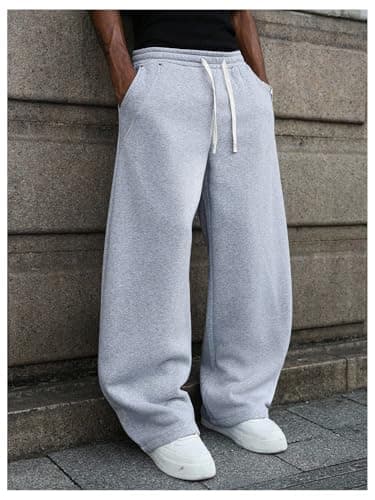 VIPWOLF Men's Stacked Baggy Sweatpants Drawstring Waist Straight Leg Track Pants Streetwear Grey Loose Solid Medium - Thumbnail 5