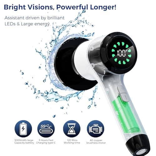 Electric Spin Scrubber, Cordless Power Cleaning Brush with 8 Replaceable Heads, 2 Adjustable Speeds, LED Display & Long Handle, Ideal for Bathroom Tub Tile Floor Car Cleaning - Thumbnail 5