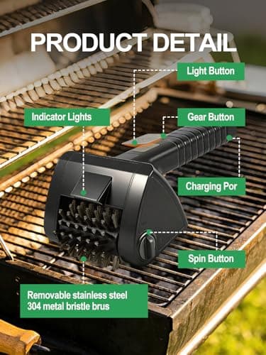 Chunine Electric Grill Brush, Cordless Rechargeable BBQ Cleaner with 4000mAh Battery, 2-Speed, LED Light, 304 Stainless Steel Removable Brush Head, Grill Clean Tool for Outdoor Grill - Thumbnail 3