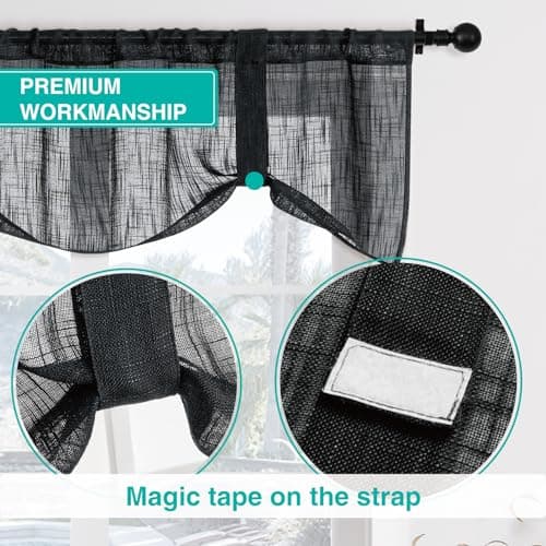 Home Queen Adjustable Burlap Tie Up Valances, Semi Sheer Faux Linen Balloon Valences for Office and Living Room, Set of 2, W 54" X L 20", Black - Thumbnail 3