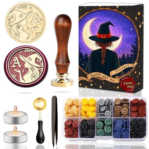 YOLAKIS Alphabet A Wax Seal Stamp Kit Magical Girl Style Initial Letter A Wax Stamp Brass Head Ideal for Decorating Christmas Cards Envelopes Gift Wraps Wedding Invitations(Kit A) - Image 1