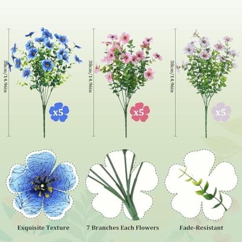 WucaFl Artificial Flowers for Outdoors, 15 Bundles UV Resistant Fake Flowers, Colorful Daisy Faux Plants for Porch Patio Planters, Realistic Outdoor Flowers for Garden Yard Window Box Decor - Thumbnail 2