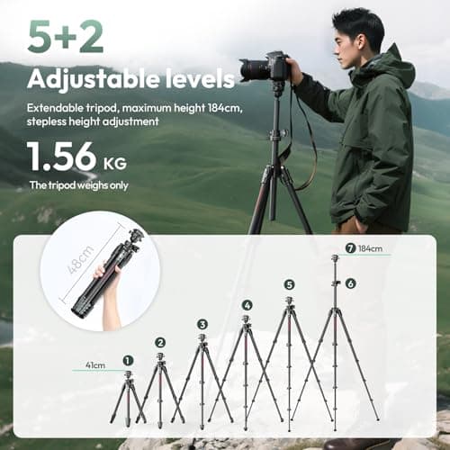 ULANZI JJ05 GlideGo Carbon Fiber Photo Tripod, Dual 360° Pan Head, 72.4 inch Max Height, 11 lb Load, UKA Quick Release, Professional Portable Lightweight Travel Tripod with Bag - Thumbnail 4