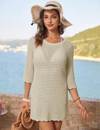 GRACE KARIN Womens Swimsuit Coverup,Crochet Swim Cover Ups,2026 Summer Beach Dress Vacation Outfits Apricot XL - Thumbnail 4