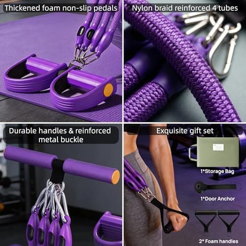 Buyborgood Upgrade Pedal Resistance Band, Multifunction Home Gym Workout Equipment with 4x25lbs Tubes for Sit Up & Arm Exercise, Purple - Thumbnail 3