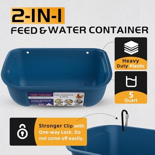 Goovilla Chicken Feeder Waterer, Hanging or Screw-in Fence Feeders with Clips, 2 Pack 5 Quart Goat Feeding Supplies, Duck Piglet Sheeple Coop Dog Livestock Poultry Plastic Feeder Trough Bucket, Blue - Thumbnail 2