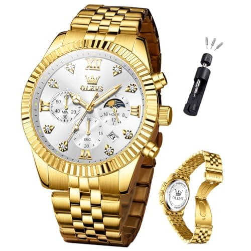 OLEVS Watches for Men Gold Stainless Steel Band, Classic Quartz Analog Wristwatch, White Dial Men's Dress Watch for Business and Daily Wear - Image 1