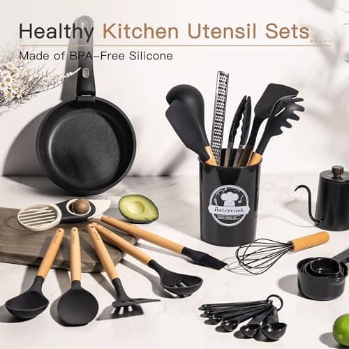 Astercook 39 PCS Kitchen Utensils Set, Silicone Cooking Utensil Sets with Wooden Handle, 446°F Heat Resistant Food Grade Spatula Set, BPA Free Kitchen Gadgets Tools Set & Spoons for Nonstick Cookware - Thumbnail 3