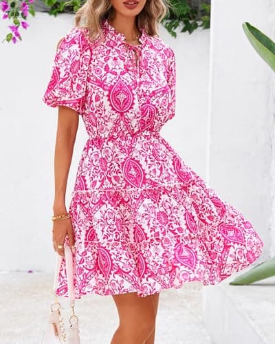 BTFBM Women Summer Floral Short Dresses V Neck Short Sleeve Tiered Ruffle Boho Swing Dress A-Line Mini Dresses(White Rose Red Floral,Small) - Thumbnail 6