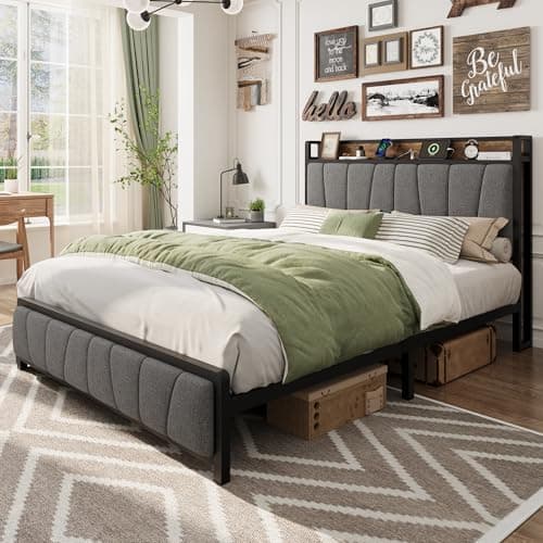 GAOMON Queen Size Bed Frame with Storage Headboard and 2 Drawers, Linen Upholstered Platform Bed Frame with Charging Station, Heavy Duty, No Box Spring Needed, Easy Assembly, Noise Free, Grey&Brown - Image 1
